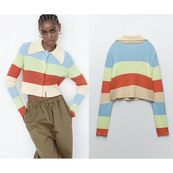ZARA Multicolor Striped Rib Knit Cardigan sz M - Picture 1 of 6